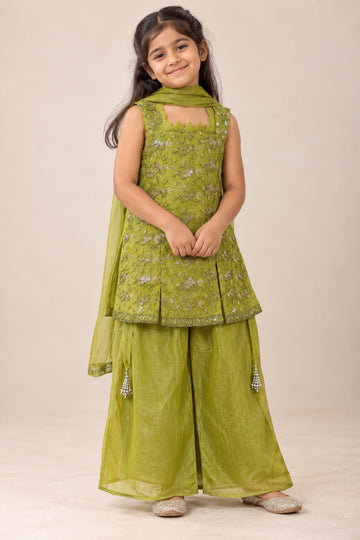Parrot green sequins embroidered sharara with heavy work and flared palazzo
