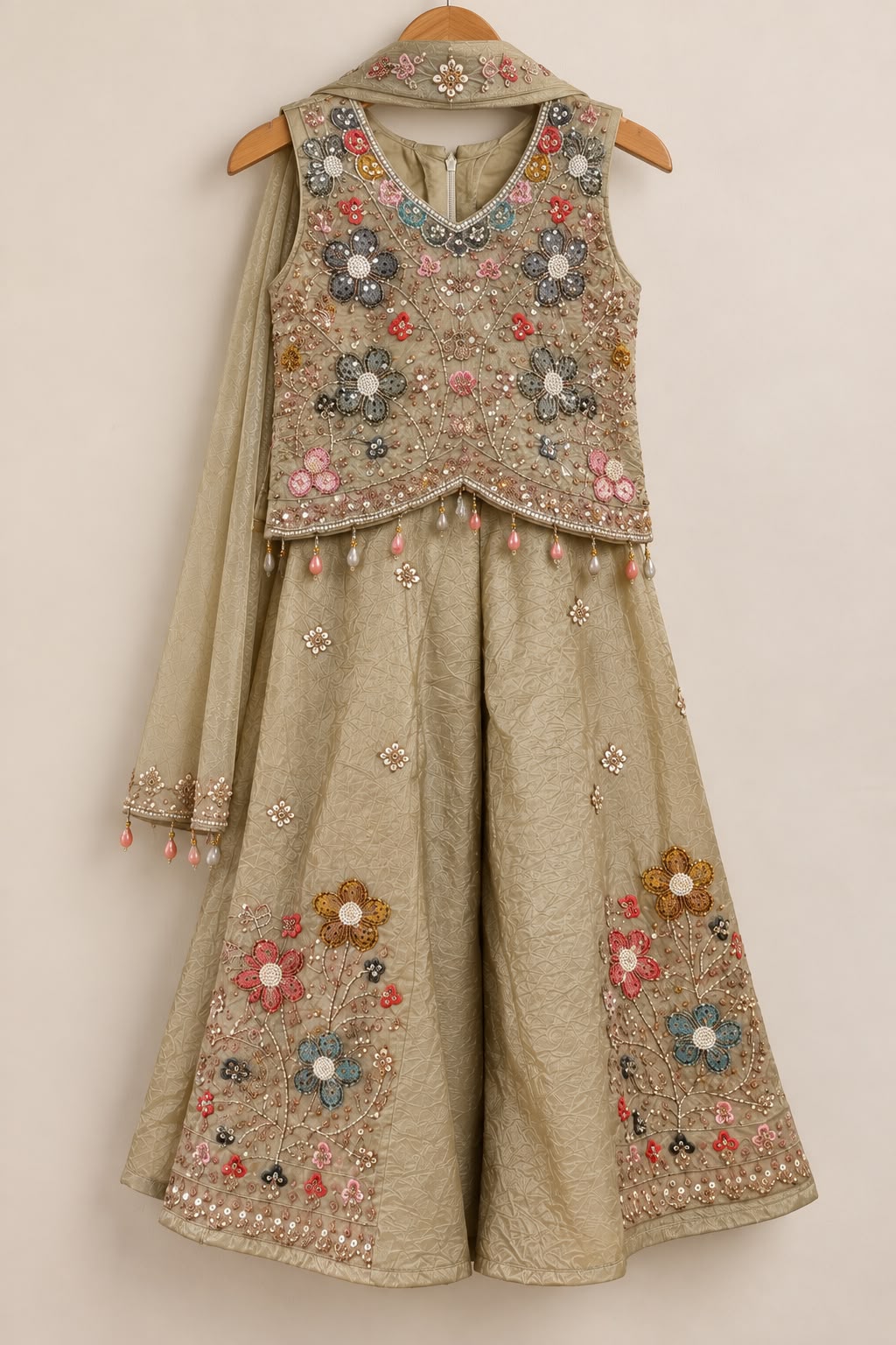 Metallic beige multicolour sharara with heavy pearl sequins and flared palazzo with floral work