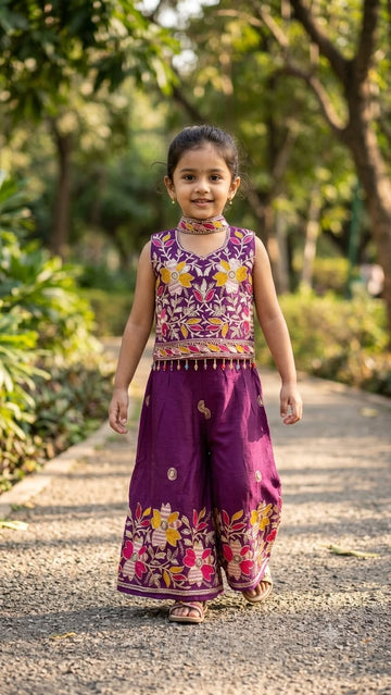 Royal violet semi-beadwork embroidered crop top with flared palazzo set