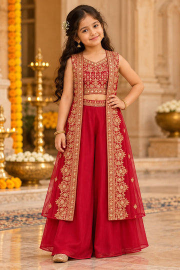 Dark red embroidered crop top and palazzo with long shrug