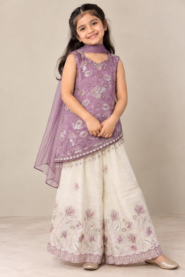 Purple floral asymmetrical top with round neck and off-white embroidered palazzo