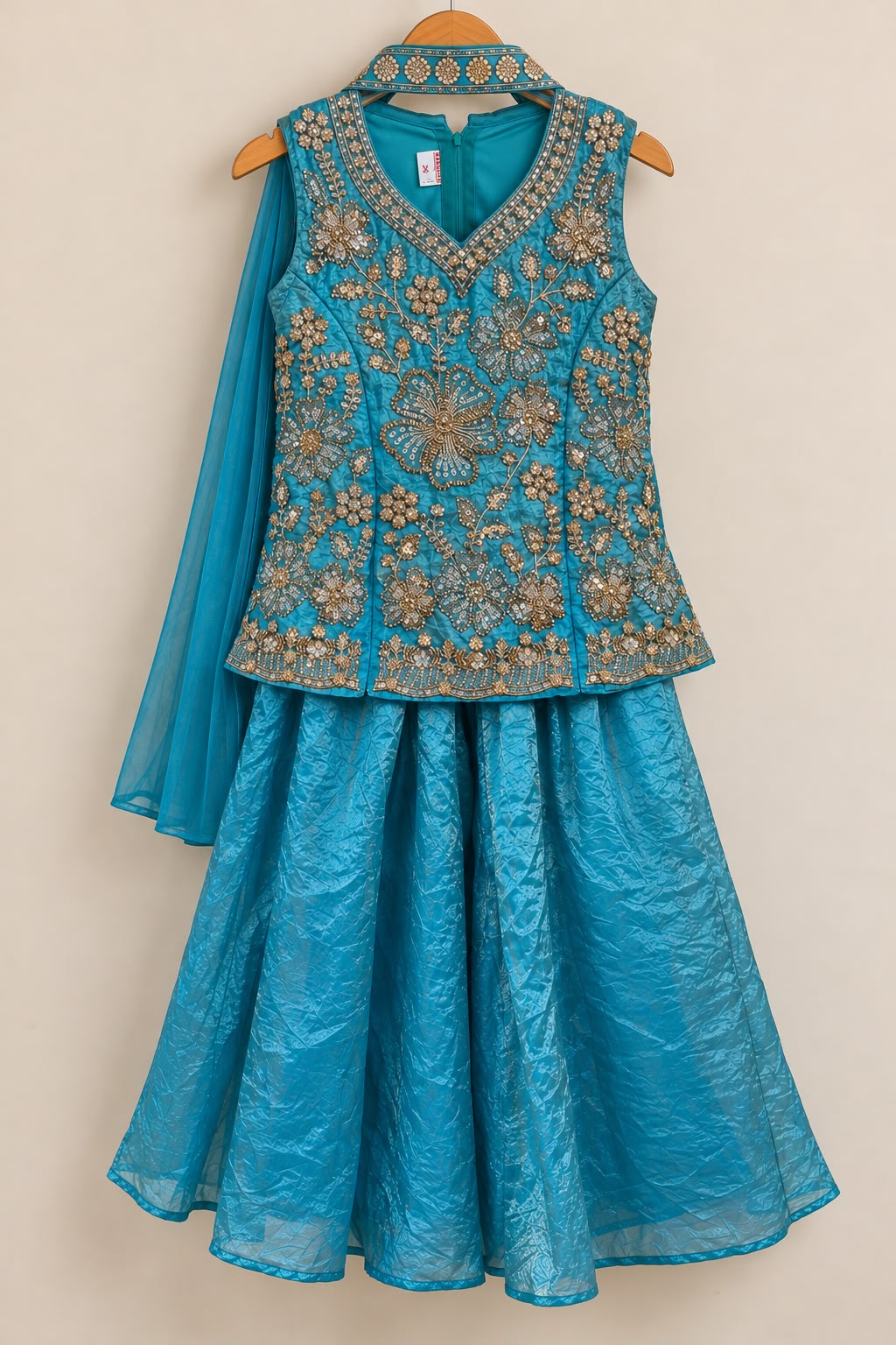 Aqua blue zari and sequins embroidered sharara with crushed tissue palazzo