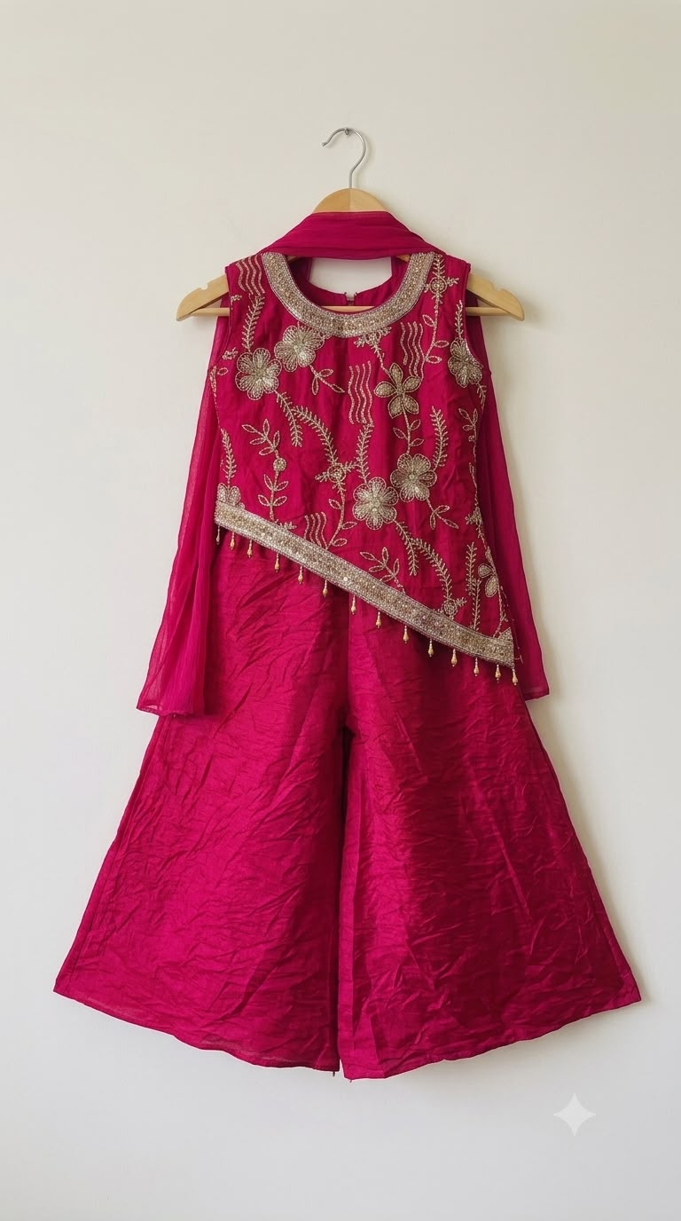 Exclusive Poppy pink slant top with semi-beads and palazzo