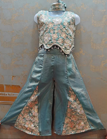 Ice blue embroidery sequins palazzo suit