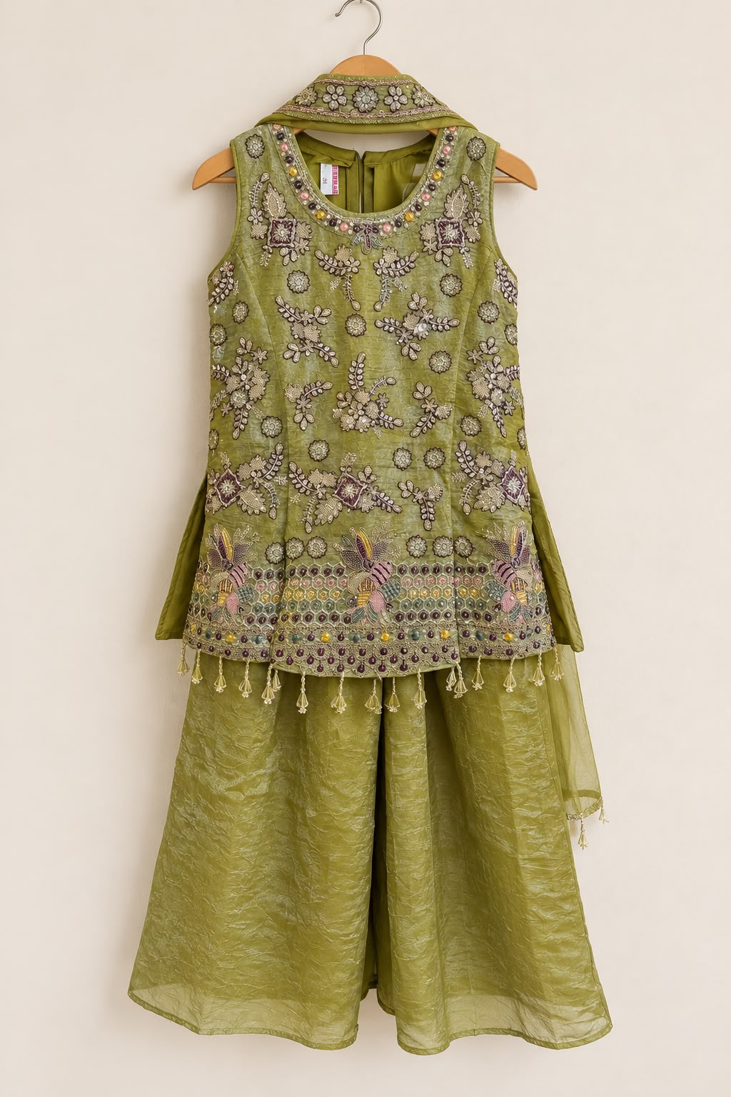 Mehendi green embroidered peplum top with honey-bee print and tissue palazzo