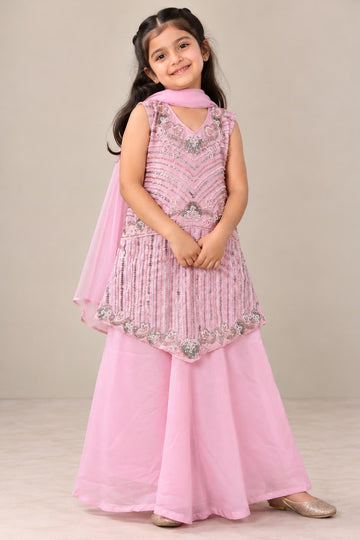 Baby pink peplum top with vertical line work and georgette  palazzo