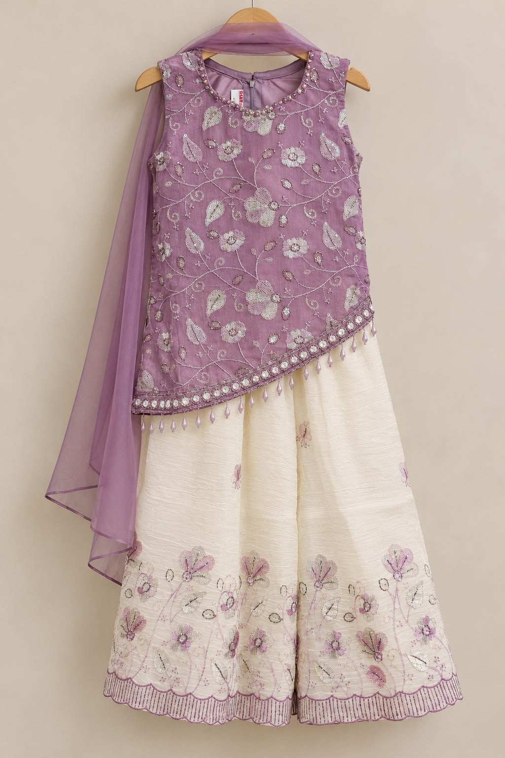 Purple floral asymmetrical top with round neck and off-white embroidered palazzo