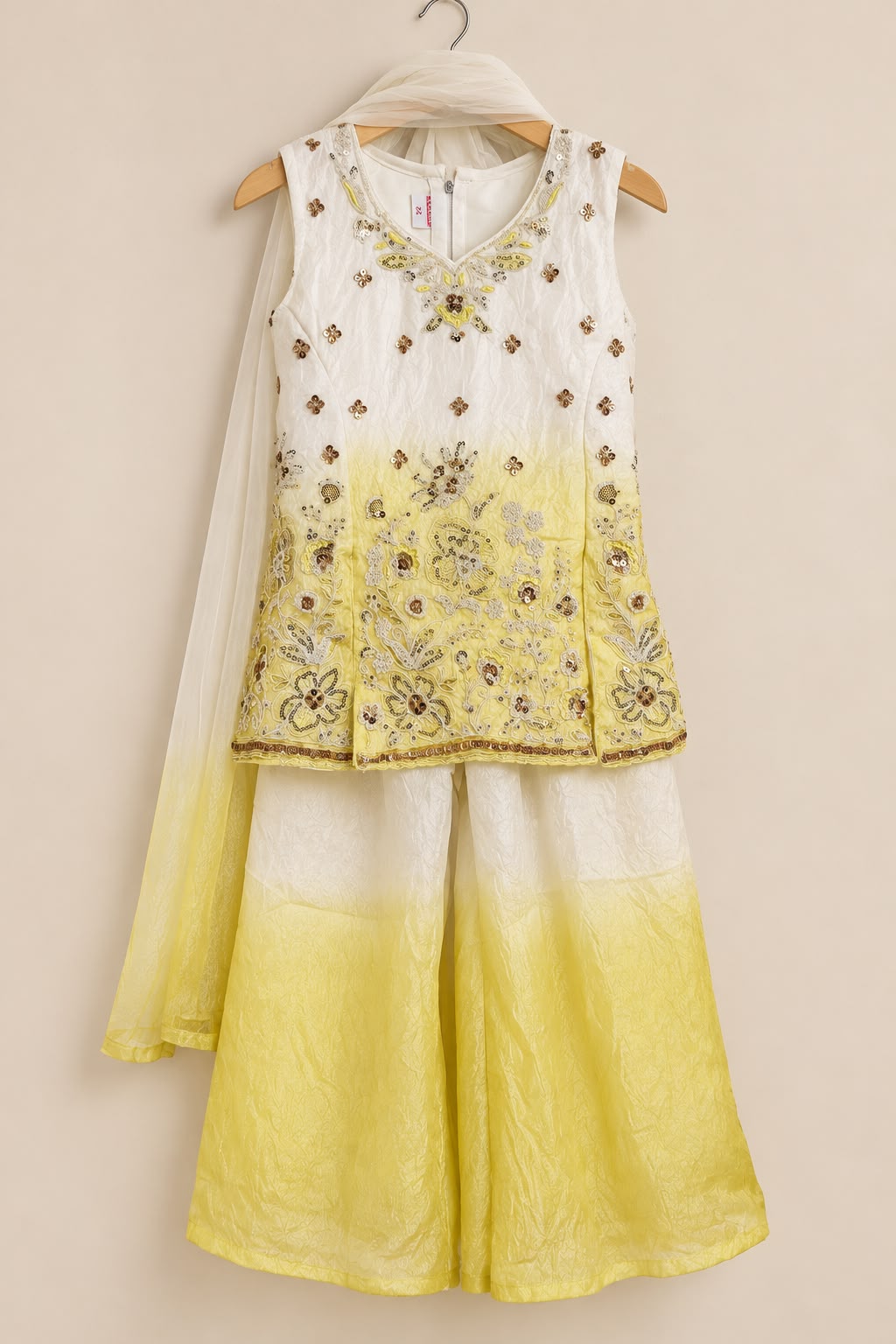 Lemon yellow white sharara with V-neck sequins embroidered peplum top with ombre palazzo