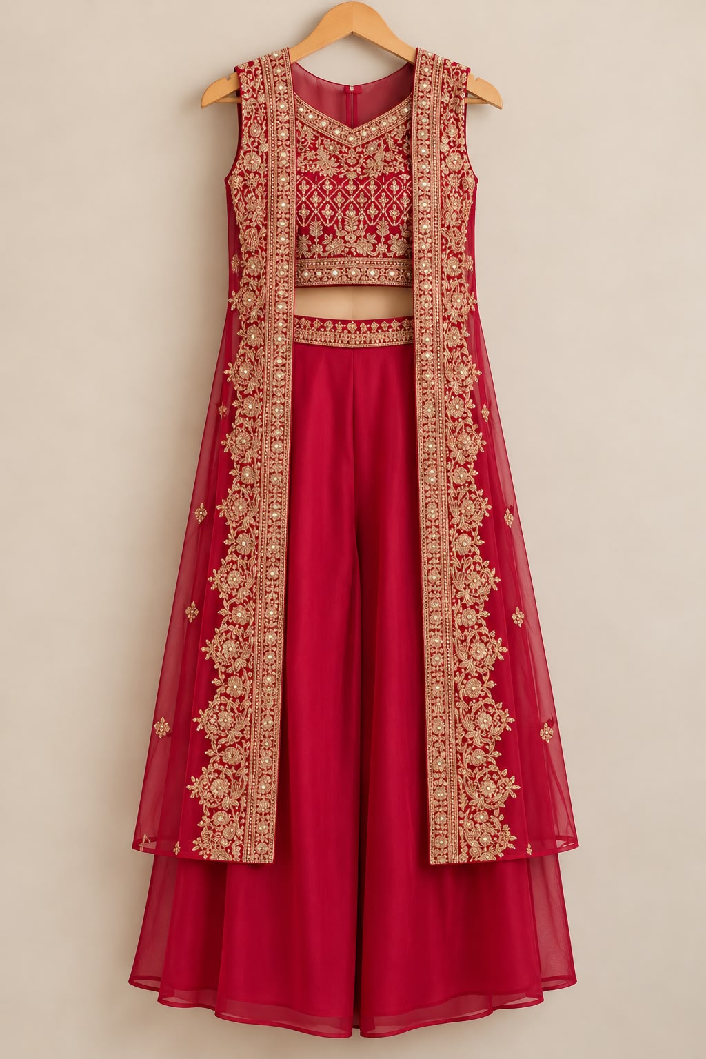 Pinkish red embroidered crop top and palazzo with long shrug