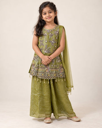 Mehendi green embroidered peplum top with honey-bee print and tissue palazzo