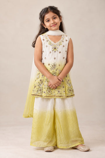 Lemon yellow white sharara with V-neck sequins embroidered peplum top with ombre palazzo