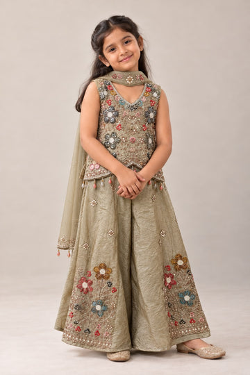 Metallic beige multicolour sharara with heavy pearl sequins and flared palazzo with floral work