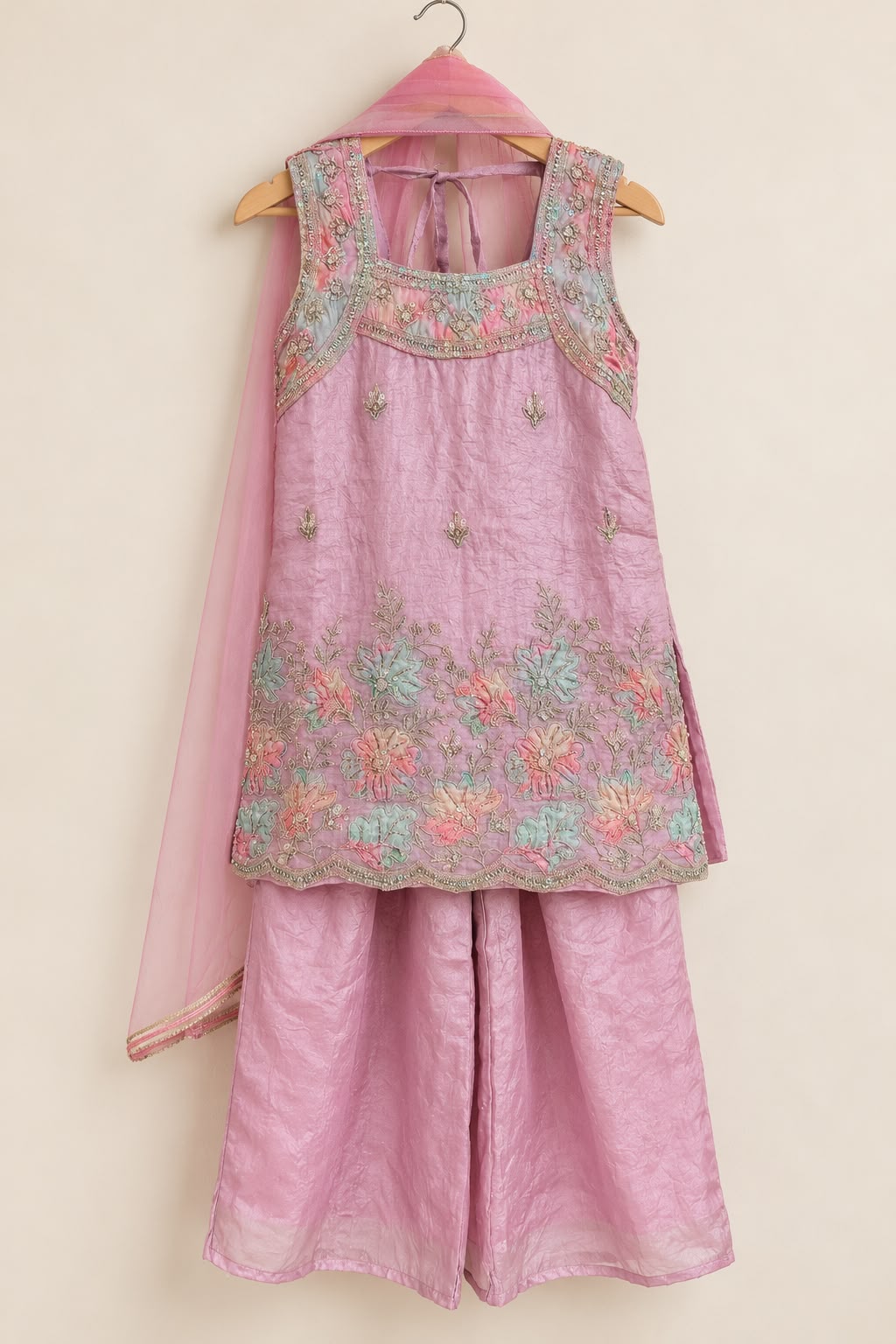 Dusty pink floral embroidered sharara set with multicolored thread work short top with palazzo and net dupatta