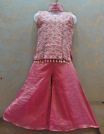 Pink choker dupatta with short-styled top and palazzo