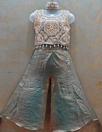 Sea blue heavy beadswork top with flowy palazzo