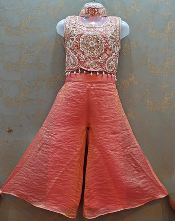 Peach heavy beadswork top with flowy palazzo