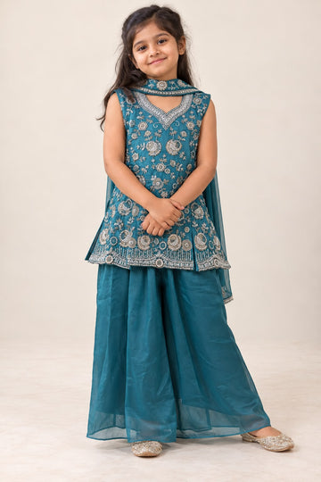 Teal blue top with heavy silver zari and pearl embroidered dupatta with palazzo