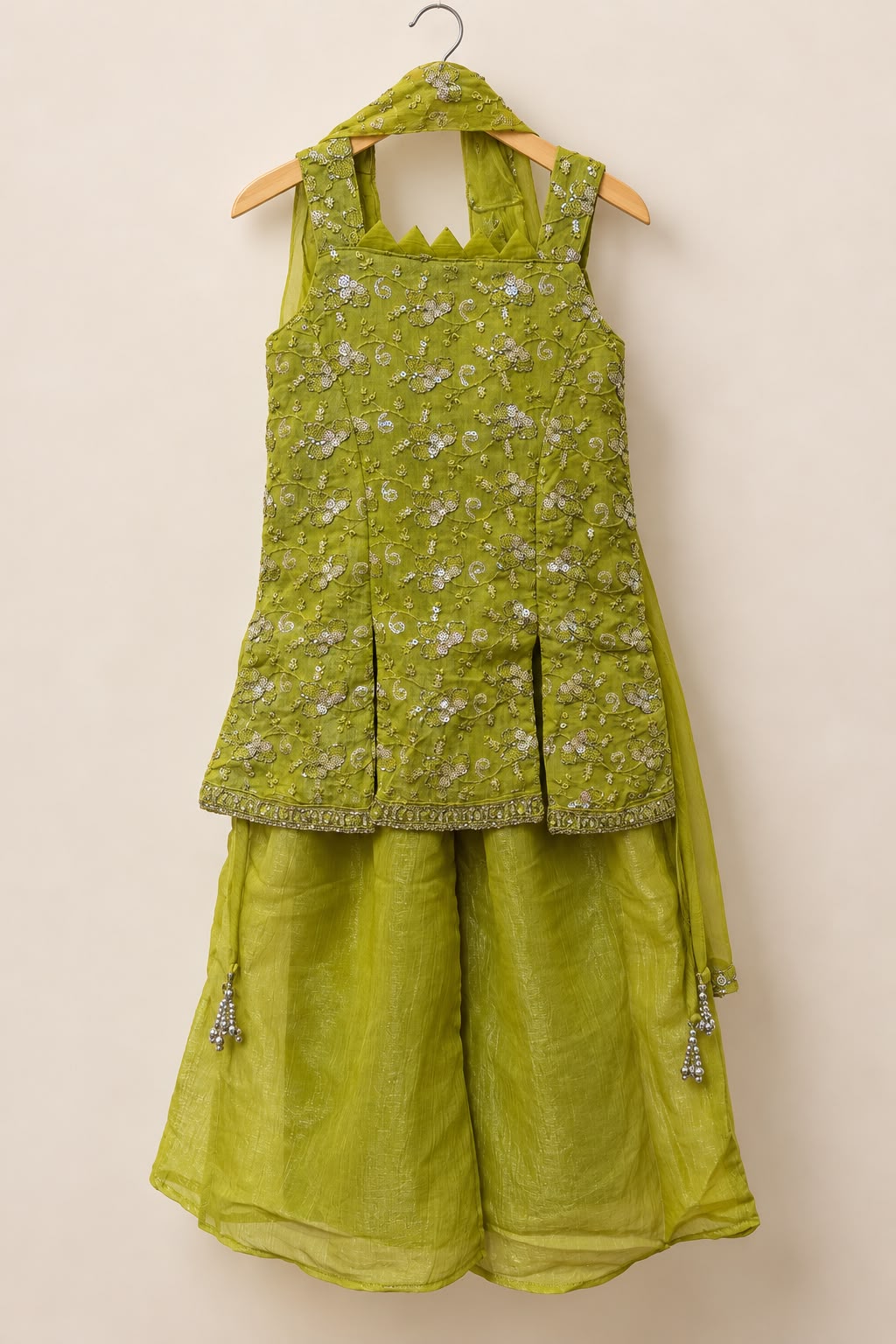 Parrot green sequins embroidered sharara with heavy work and flared palazzo