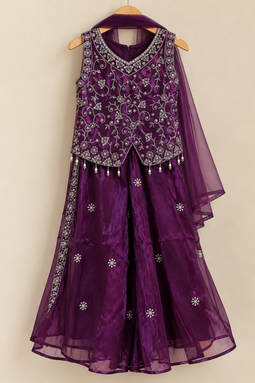 Wine embroidered sharara with V-neck top and organza palazzo